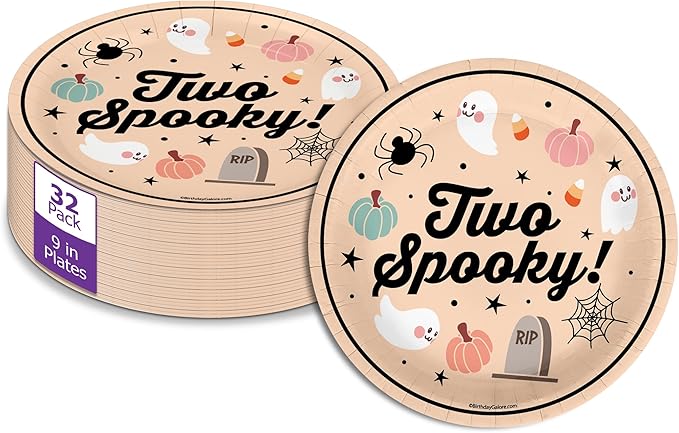 Two Spooky Second Birthday - 32 Piece Disposable Party Supplies - Decorations for Halloween 2nd Birthday Round Party Plates - Large 9" Paper Plates In Bulk
