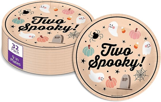 Two Spooky Second Birthday - 32 Piece Disposable Party Supplies - Decorations for Halloween 2nd Birthday Round Party Plates - Large 9" Paper Plates In Bulk