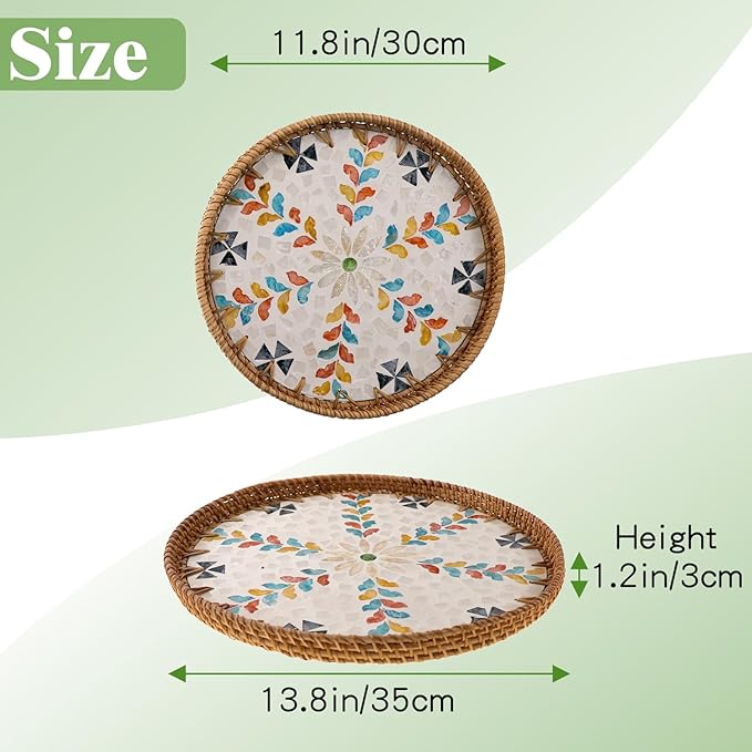 Round Rattan Tray with Mother of Pearl Inlay, Handwoven Wicker Coffee Table Serving Basket Tray for Fruit Snack Party Picnic Cafe Bedroom Kitchen Home Decor Set of 2 (Colorful Wicker)