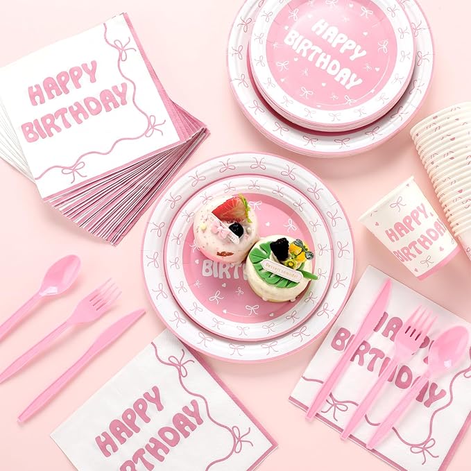 168 Pcs Bow Party Favors Coquette Birthday Decorations Wedding Spring Pink Bow Birthday Supplies Includes Pink Napkins Plates Forks and Theme Tableware Party Supplies Decor