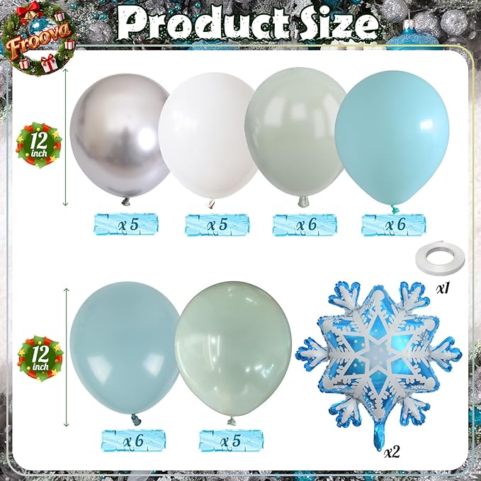 Blue Green Snowflake Balloon, Winter Wonderland Party Decorations, Pastel Green Dusty Blue Metallic Silver Balloons with Snowflake Foil Balloon for Christmas Winter Onederland Birthday Party Decor