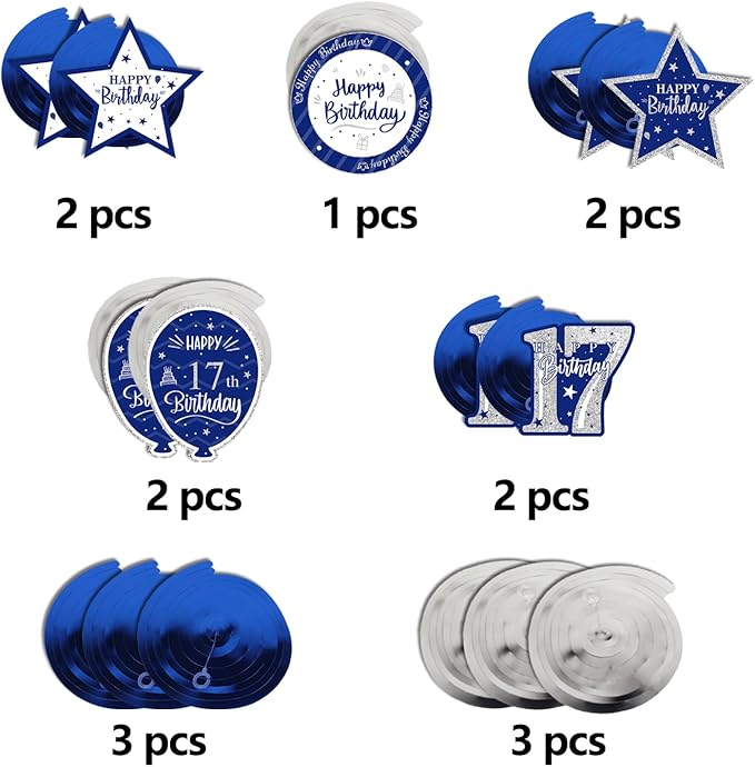 Happy 17th Birthday Blue & Silver Glitter Swirls Streamers Party Decorations - 15 Pcs 17th Birthday Hanging Swirls Streamers Kit,Cheers to Seventeen Years Old Bday Party Sign.