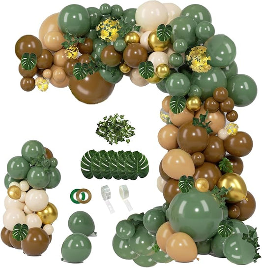 PERPAOL 140 pcs Jungle Safari Balloon Garland Kit, Sage Green Brown Safari Wild One Balloon Arch with Animal Print Balloons Palm Leaves for Wedding Woodland Tropical Birthday Shower Decorations