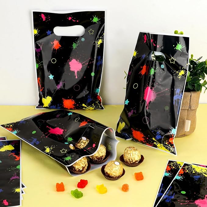 Hxezoc 50 Pieces Neon Candy Bags Glow in The Dark Goodie Bag Plastic Colorful Treat Bags Neon Gift Wrap with Handles Favor Bags For 80's 90's Birthday Party Decoration Supplies