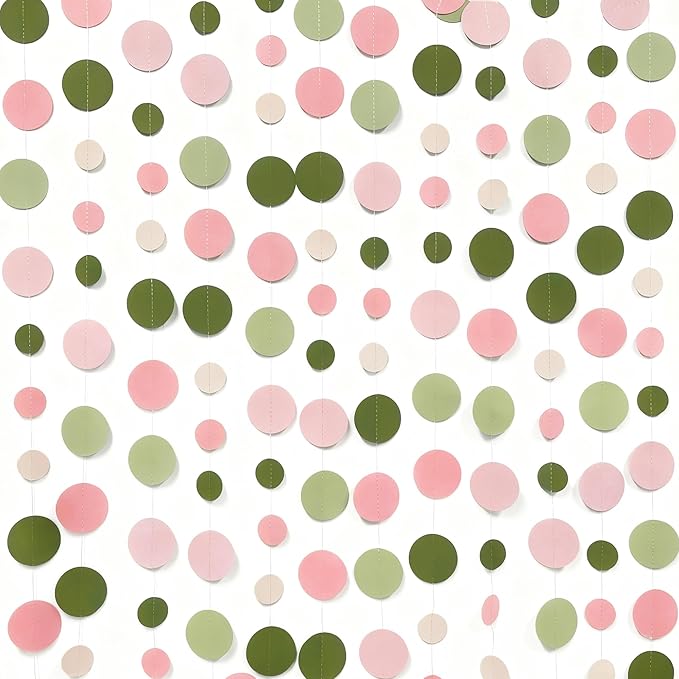 Sage Green and Dusty Pink Polka Dots Garlands Olive Green Dusty Rose Beige Hanging Paper Circle Dots Streamer for Girls Birthday Baby Shower Wedding Engagement Bachelorette Party Decorations Supplies