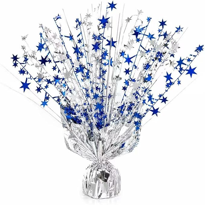 4 Pack Metallic Foil Spray Centerpiece Stars for Wedding, Birthday, Anniversary, Christmas Table Decor, Holiday Festival Baby Shower Graduation Mantle Party Decorations (Silver&Blue)