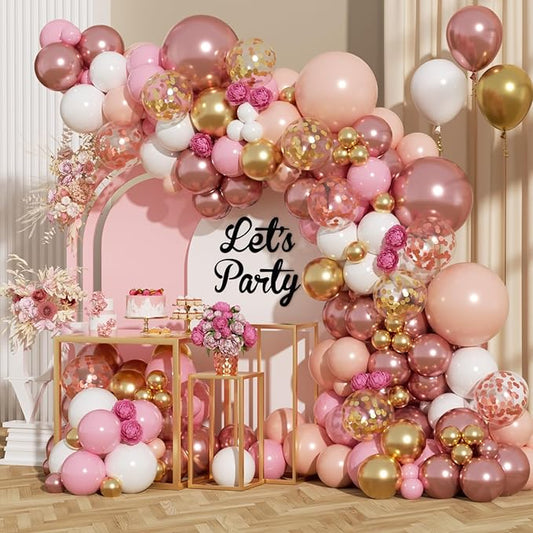 Rose Gold Balloon Arch Kit, 164Pcs Nude Pastel Pink Metallic Gold White and Confetti Balloon Garland kit for Girl Birthday Baby Shower Wedding Galentine's Day Valentine's Day Party Decorations
