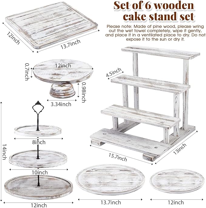 Roowest Wood Cake Stands Set of 6 Wood Dessert Tower Trays Stand Cupcake Stand Rustic 3 Tier Farmhouse Cupcake Serving Stands with Dessert Trays for Tea Party(Vintage White)