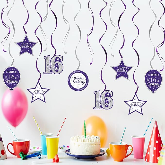 Happy 16th Birthday Purple & Silver Glitter Swirls Streamers Party Decorations - 15 Pcs 16th Birthday Hanging Swirls Streamers Kit,Cheers to Sixteen Years Old Bday Party Sign.