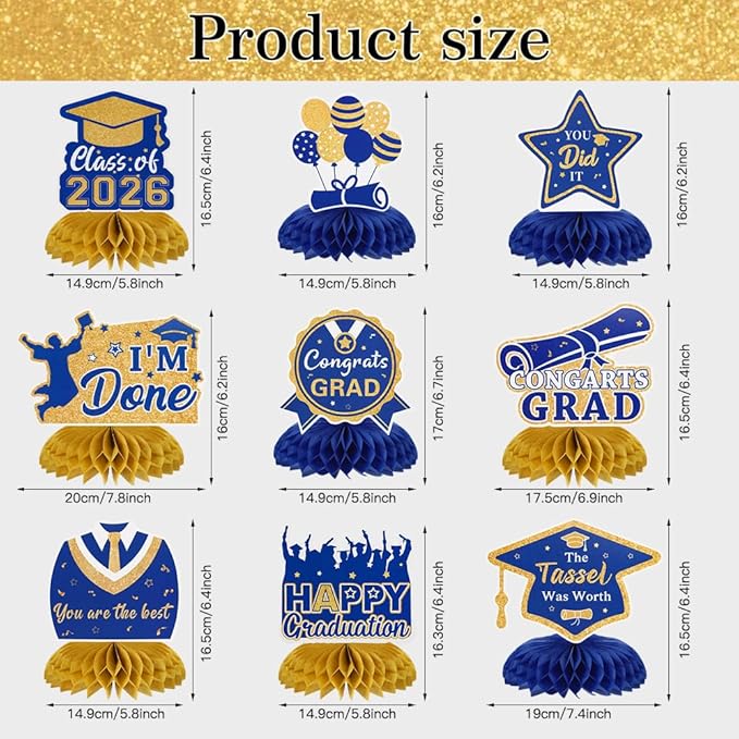 Graduation Decorations Class of 2026 Honeycomb Centerpieces, 9PCS Graduation Centerpieces for Tables, Congrats Grad Table Toppers Decor for 2026 Kid Men Women Graduations Party Decorations (Blue Gold)