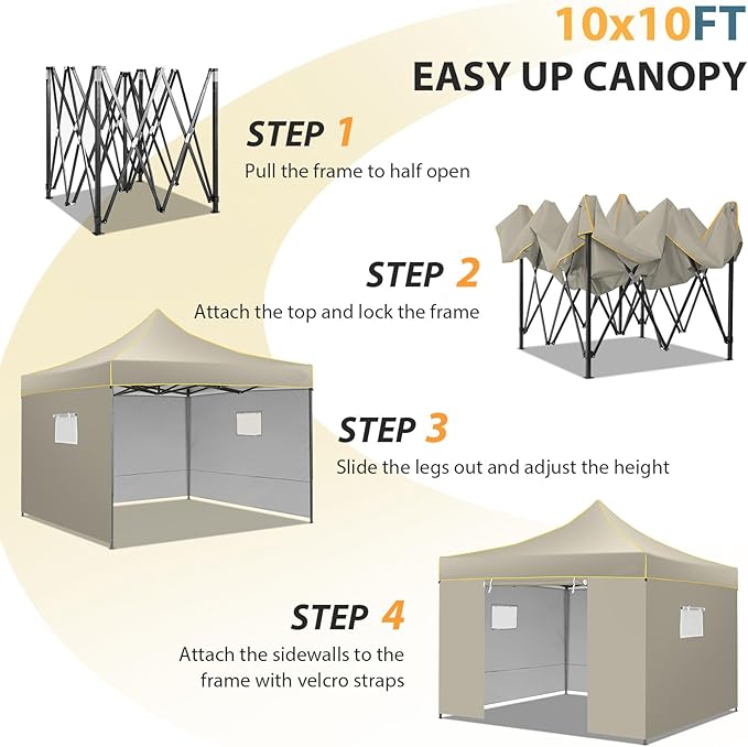 COBIZI 10x10 Pop Up Heavy Duty Canopy Tent with 4 Sidewalls, Easy Setup Outdoor Commercial Instant Tent for Parties Events Canopy with Portable Bag, Waterproof & UPF50+ (Khaki)
