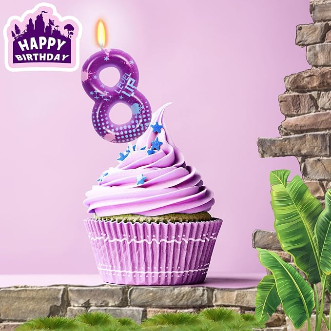 STG Birthday Candles for Boys - Number 8 Candle for Video Game Birthday Cake Topper, Fort Battle Level Up Sandbox Games Birthday Party Supplies (Purple)