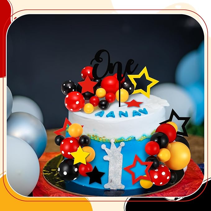 57 Pcs Black Red Yellow Ball Star Cake Topper Set Cartoon Cake Decorations with Flag DIY Insert Topper for One Two Years Happy Birthday Decorations Baby Shower Party Supplies(One Year)