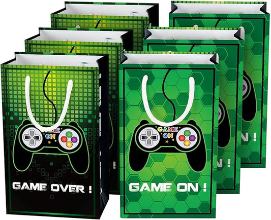 WERNNSAI Video Game Party Favor Bags - 16 Pack Gaming Birthday Party Decorations for Kids Boys Green Game Goodie Bags with Handles Game On Birthday Party Supplies for Baby Showe Anniversary