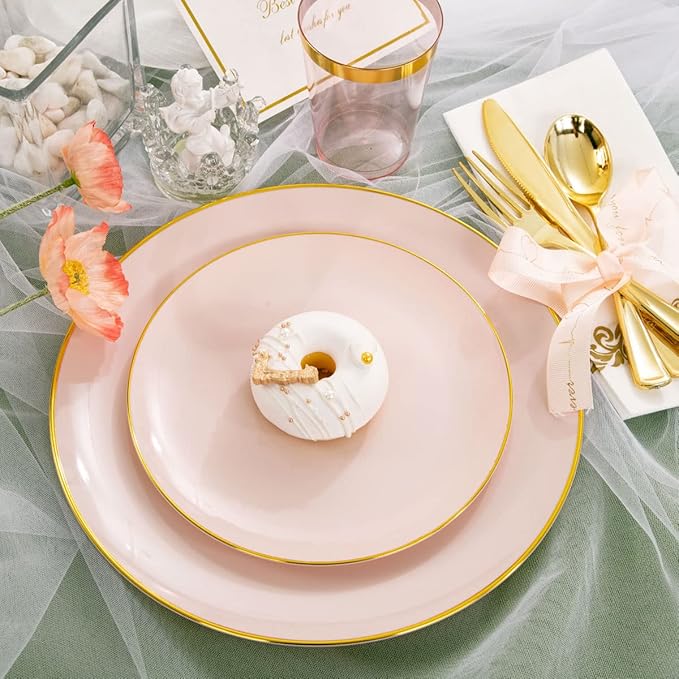 Rubtlamp 210Pcs Plastic Pink Plates with Gold Plastic Silverware Set Include 30Pink Dinner & 30 Dessert Plates, 90Gold Cutlery, 30Gold Cups, 30Napkins, Pink Dinnerware for Valentines&Mother's Day