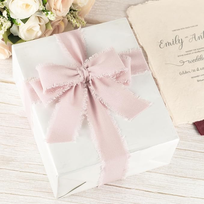 Pink Cotton Ribbon 1-1/2 Inch Pink 3 Rolls 21 Yards Frayed Edge Fabric Set for Bridal Shower, Baby Shower, Wedding Invitations, Birthday Party & Gift Wrapping