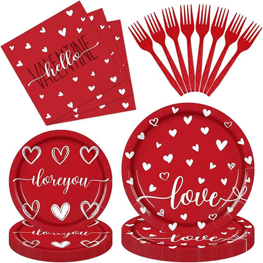96 Pieces Valentine?™s Day Tableware Set ??Red and White Disposable Plates, Napkins, and Forks with Heart and Love Designs for Valentine?™s Parties Romantic Celebrations ??Serves 24 Guests