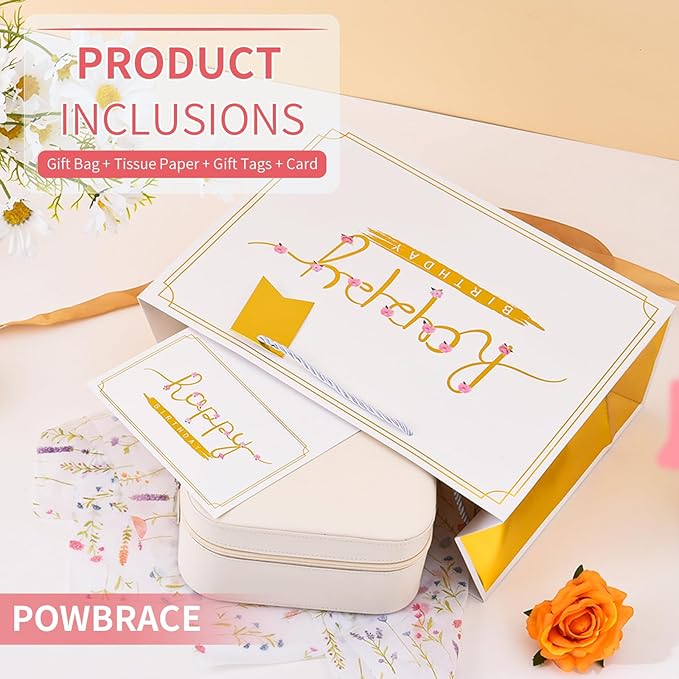 Powbrace 13" White Happy Birthday Gift Bag with Tissue Paper and Greeting Card for Party,Happy Birthday Gift Bag for Men and Women, Gift Bags Medium size (1 Pcs Hot Stamping)