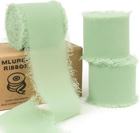 Sage Green Chiffon Ribbon 1-1/2 Inch x 21Yards Handmade Fringe Chiffon Silk Ribbon Boho Frayed Ribbon Sage Green Ribbon for Gift Wrapping, Wedding Invitation, Bridal Flower Bouquets