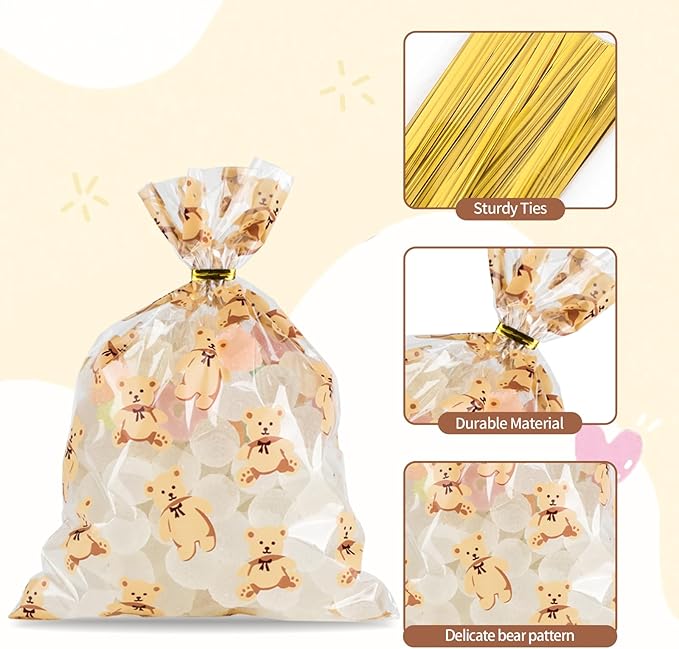 Docvania Clear Bear Cellophane Treat Bags Plastic Gift Bag 100 pcs 5 X 7 Clear Bear Cookie Bags with Ties Goodie Candy Bag Suitable for Mother's Day, Valentine's Day, and Holiday Parties
