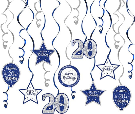 Happy 20th Birthday Blue & Silver Glitter Swirls Streamers Party Decorations - 15 Pcs 20th Birthday Hanging Swirls Streamers Kit,Cheers to Twenty Years Old Bday Party Sign.