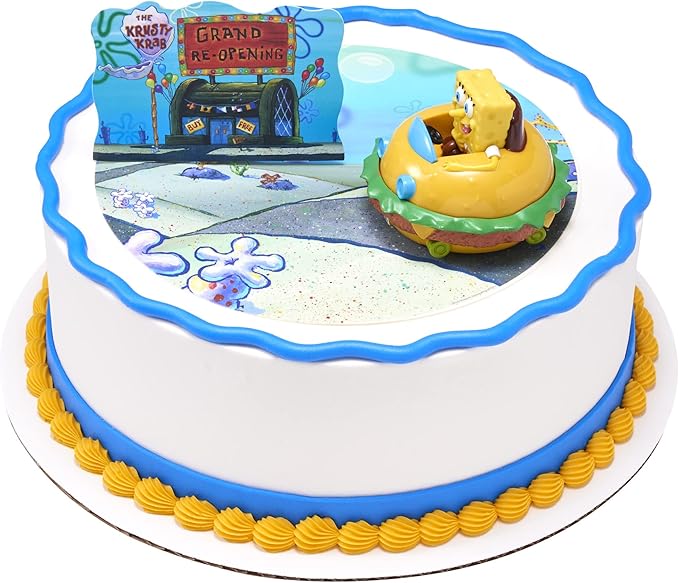 DecoSet® SpongeBob Square Pants Krabby Patty Cake Topper, 2-Piece Birthday Party Set with Rolling Car Figure for Fun After the Party, 3"H x 4.25"W