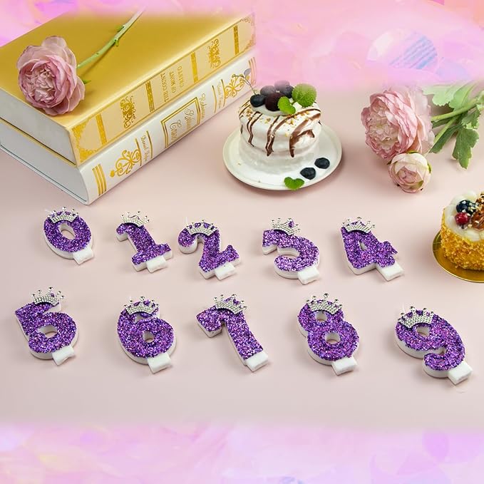Birthday Number Candles,Purple Crown Birthday Candles for Cake,Glitter Number 6 Candle Cake Topper with Sequins for Anniversary Celebrations Supplies (Number 6)