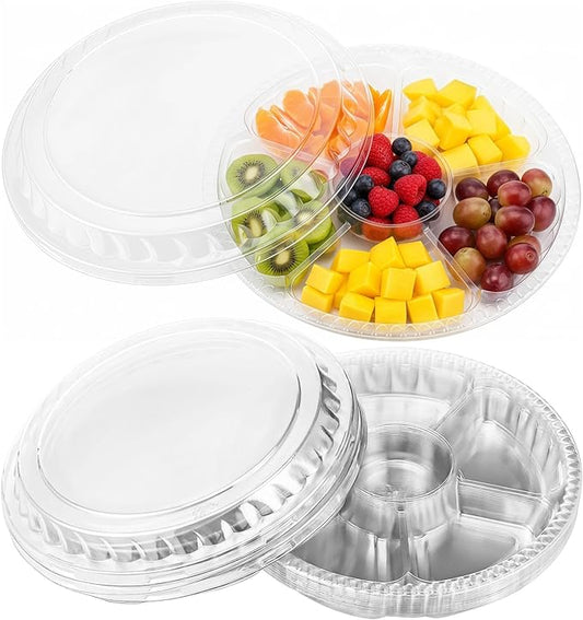 12 Pcs Plastic Appetizer Trays with Lid, Clear Disposable Round Serving Platters, 6-Compartment Divided Snack Fruit Plates with Dome Covers for Parties, Buffets, Picnics