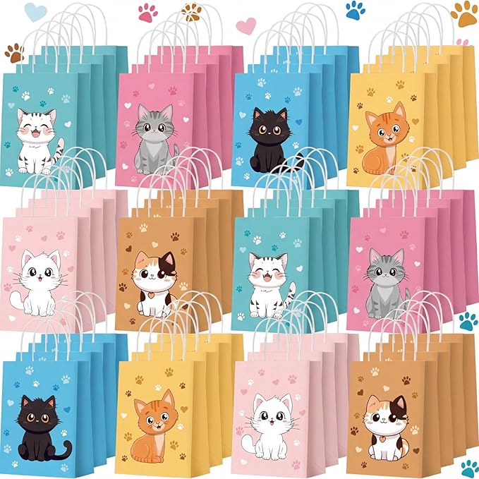Zhanmai 48 Pcs Cat Birthday Party Favors Bags Bulk for Goodie Gifts Cute Kitty Candy Treat Paper Bags with Handles for Kitten Birthday Party Decoration Supplies Pet Adoption