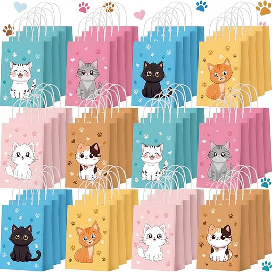 Zhanmai 48 Pcs Cat Birthday Party Favors Bags Bulk for Goodie Gifts Cute Kitty Candy Treat Paper Bags with Handles for Kitten Birthday Party Decoration Supplies Pet Adoption