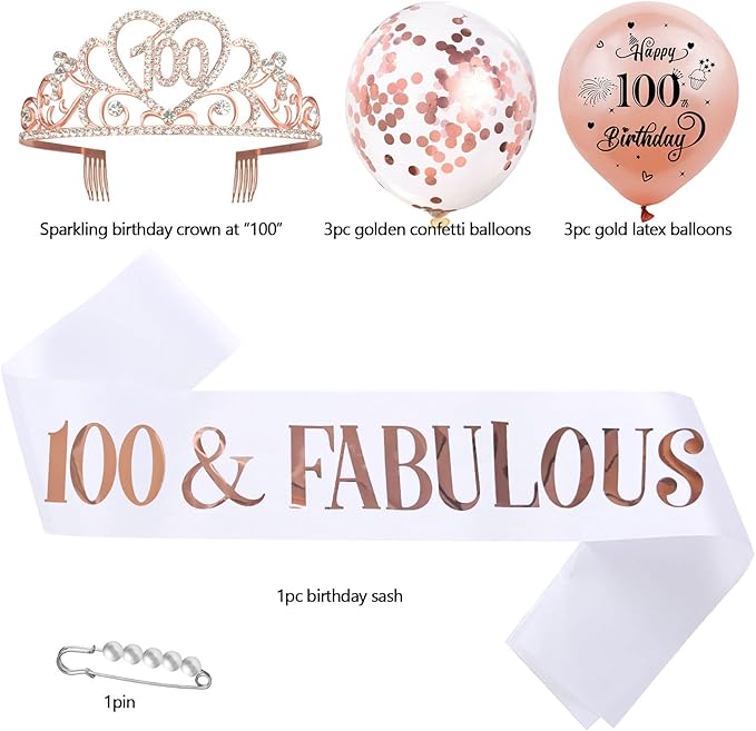 100th Birthday Tiara and Sash Kit - 100 & FABULOUS White Sash and Rose Gold Rhinestone Crown for Women Party Supplies