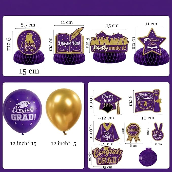 Purple Gold Balloon Garland Arch Kit with backdrop Stars Graduation Cap crown GRAD Letters Mylar Balloons for 2026 graduate Prom Decorations