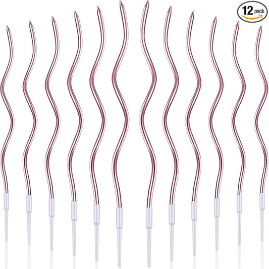 BBTO 12 Pcs Twisted Birthday Candles Spiral Metallic Cupcake Thin Long Cake Candles with Holders for Birthday Wedding Party(Rose Gold)
