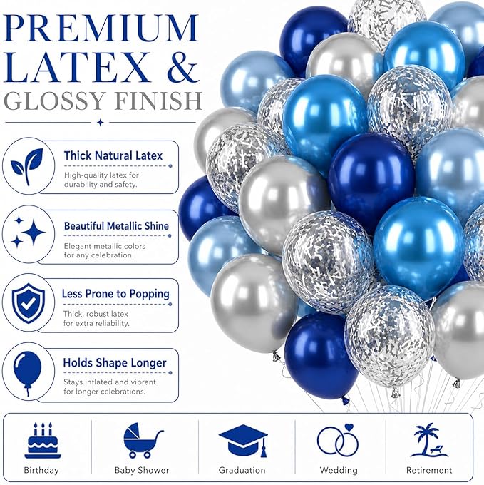 Blue and Silver Balloons, 50PCS 12 Inch Metallic Blue Silver Balloons Dark Navy Confetti Party Latex Balloon Baby Blue Mixed Balloon for Birthday Graduation Shower Wedding Retirement