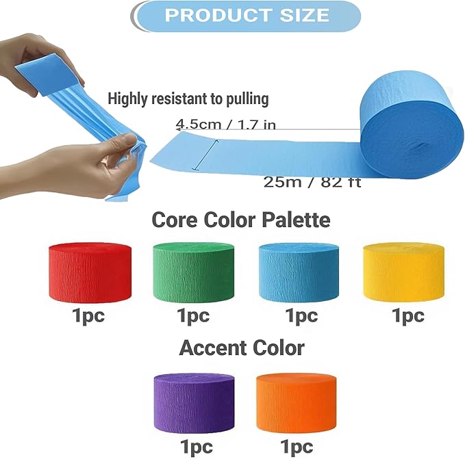 Colorful Rainbow Crepe Paper Streamers Birthday Party Backdrop for Banner and Balloons, Muilti Color Backdrop -6 Rolls Each 25 Meters 1.7in Wide