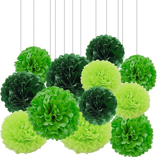 XIKSXITN 12 pc Green Tissue Paper Pom poms in 3 Colors-Hanging Paper Pom Poms Paper Flowers Ball for Party Decorative(8&10&12 inch)