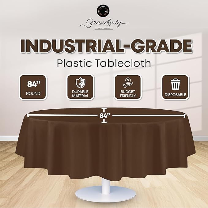 Grandipity Brown Plastic Table Cloth Disposable (6 Pk) 84in Round Tablecloth Premium Party Table Cloths Disposable - Perfect Table Cloth Round Cover for Any Table Up to 6 Feet