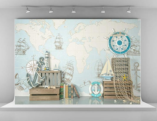 Kate 10x10ft Microfiber Summer Nautical Backdrops for Photography Rudder Helm with Anchor Background Birthday Theme Party Decoration Adults Kids Portrait Backdrop