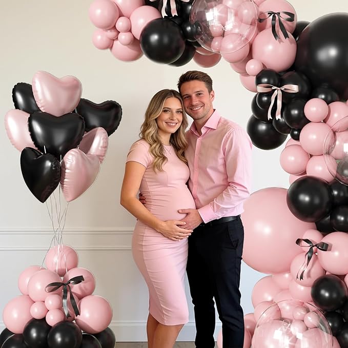 157Pcs Pink Black Balloon Garland Arch Kit, Baby Pink and Black Birthday Decorations with Bows Heart Foil Balloons for Girls Women Coquette Theme Birthday Wedding Bridal Baby Shower Party Decorations