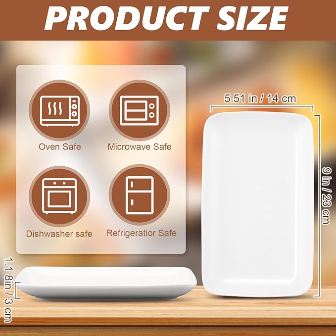 Irenare 8 Pcs 9 Inch Rectangular Salad Plates White Rectangular Porcelain Dessert Plates Appetizer Serving Tray Porcelain Platters for Fruit Sushi Dinner Parties, Microwave, Oven Safe