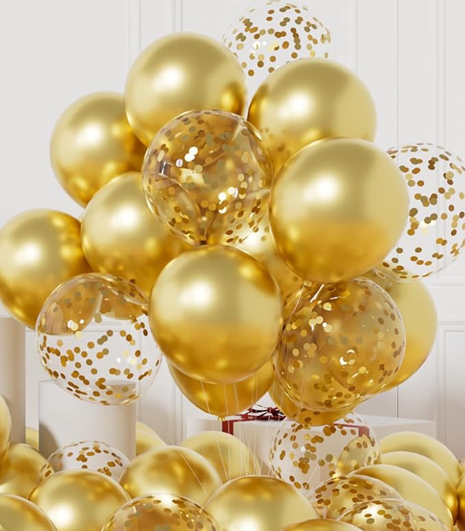 AULE Party Balloons Pack of 42 - Metallic Gold Balloons & Gold Confetti Balloons and 64ft Ribbons - 12 Inch Balloons Decorations Set