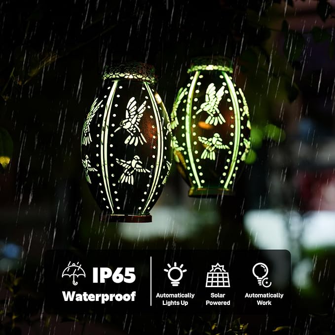2 Pack Solar Lanterns Outdoor Waterproof Decorative Hummingbird Solar Lantern Lights Hanging for Outside Patio Tableto Garden Yard Lawn Decor, Gifts for Mom Grandma Woman