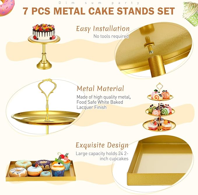 Tioncy 7 Pcs Cake Stand Set Metal Cupcake Holder Dessert Table Display Cupcake Display Plate Serving Platter Dessert Table Stands and Trays Set for Baby Shower Wedding Birthday Xmas Party (Gold)