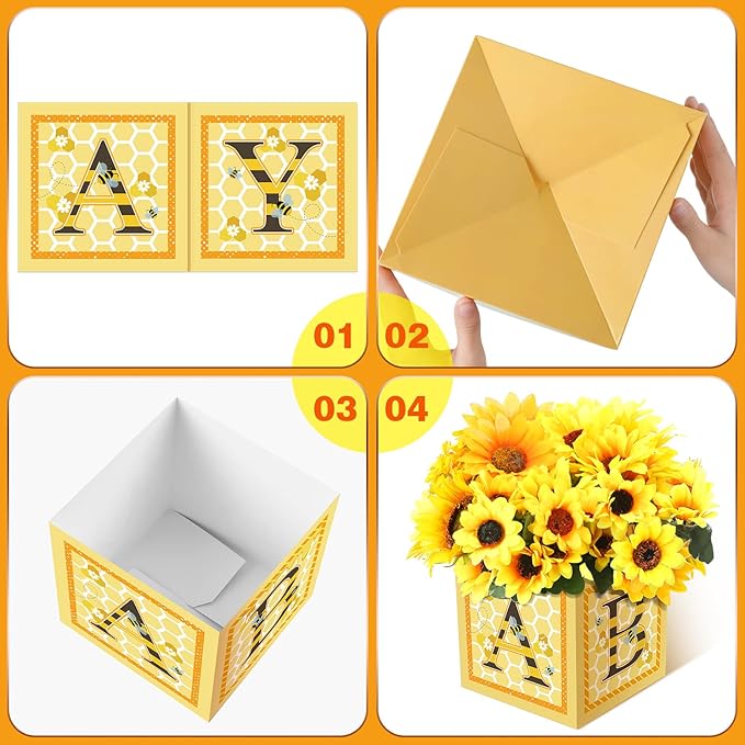 Bucherry 6 Pcs Baby Shower Centerpieces with Letters, 7" Baby Blocks Flower Boxes for Table Decorations, Gender Reveal Party Supplies & Photo Props(Yellow,Honey)
