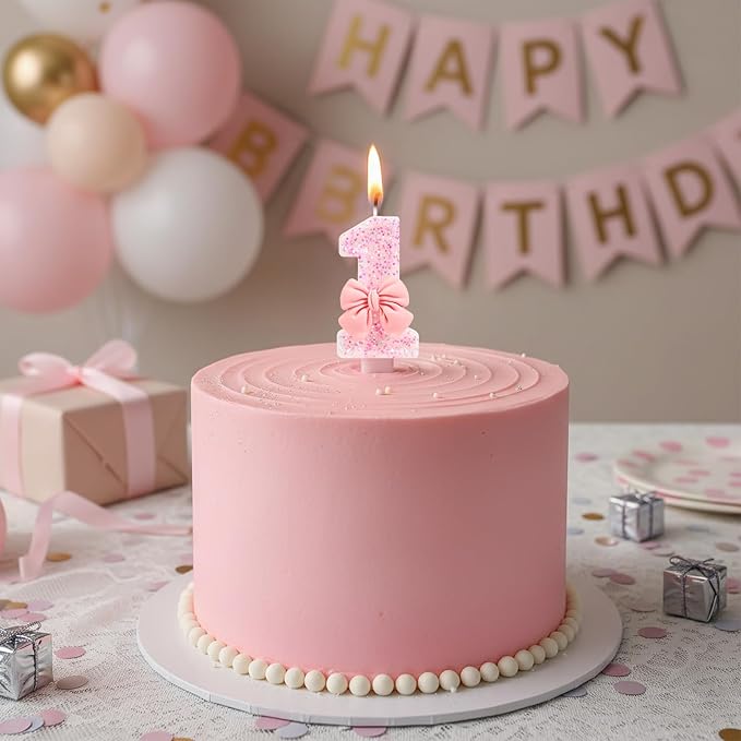 Pink Bow Number 1 Birthday Candle, Glittering Candles 1st Birthday Cake Topper, Princess Themed Party Decor for Girls and Women Anniversary Party Supplies