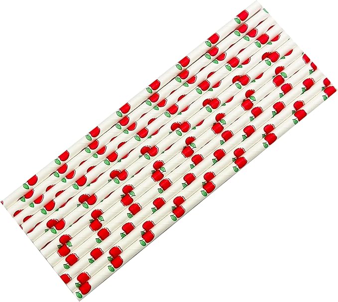 100 Pcs Disposable Straws, Biodegradable Paper Straws for Juices, Shakes, Smoothies, Party Supplies (ApplePattern)