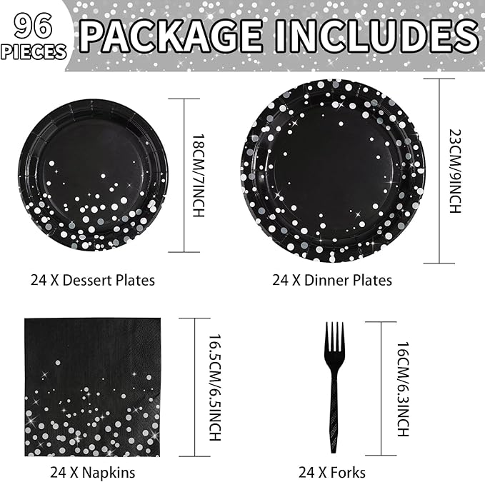 Grencian 96Pcs Black and Silver Party Decorations White Silver Dot on Black Paper Plates Graduation Birthday Paper Tableware Set for Birthday Retirement Wedding Prom Graduation Party Supplies Serve 24