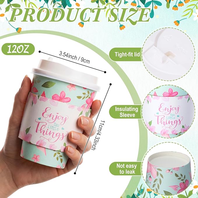 LemonRoad 48 Sets 12 oz Floral Paper Disposable Coffee Cups with Lid, Sleeves, 4 Color Spring Cute Flower Designs Cups Party Supplies for Tea Hot Drink Cold Beverage Cocoa(Colorful Flower)