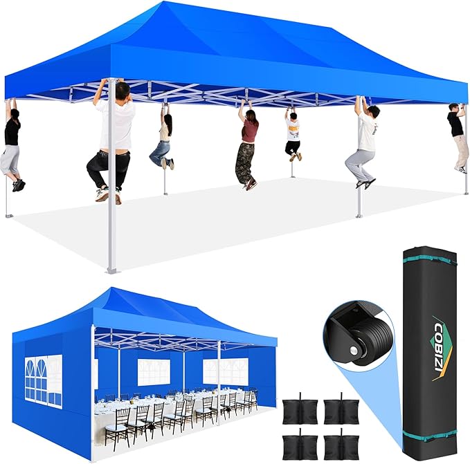 COBIZI 10x20 Heavy Duty Pop Up Canopy Tent with 6 Sidewalls Thicken Frame, Commercial Easy Up Outdoor Wedding Party Tents, All Season Waterproof Windproof with Stakes Sandbags Ropes Roller Bag, Indigo
