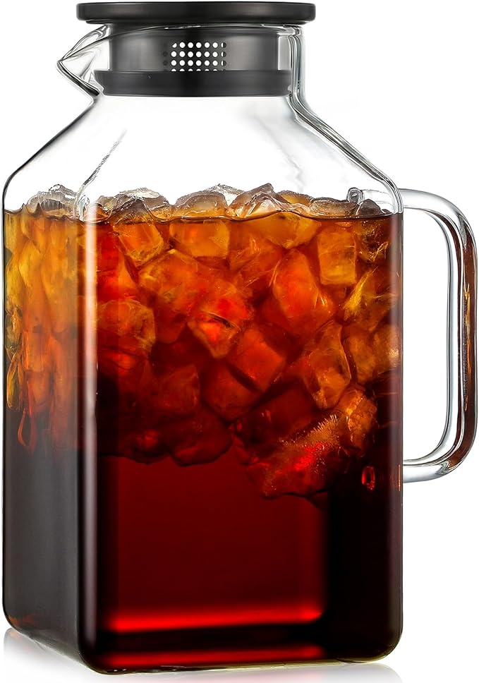 1 Gallon Square Glass Pitcher with Lid and Spout, Borosilicate Glass Carafe for Hot/Cold Drink, Water Pitchers with Handle for Fridge, Extra Large Jug for Iced Tea, Coffee, Juice, Beverage, Black